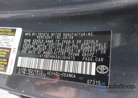 2009 Toyota Camry Le из США, поврежденный, VIN 4T1BE46K59U364670